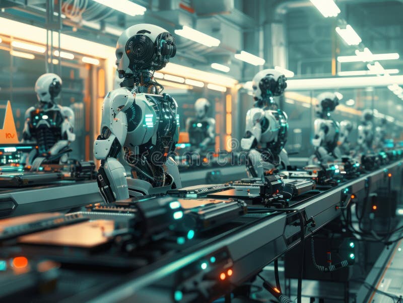 Futuristic robotics assembly line, powered by renewable energy, with brain-computer interfaces, digital twins modeling, and stock images