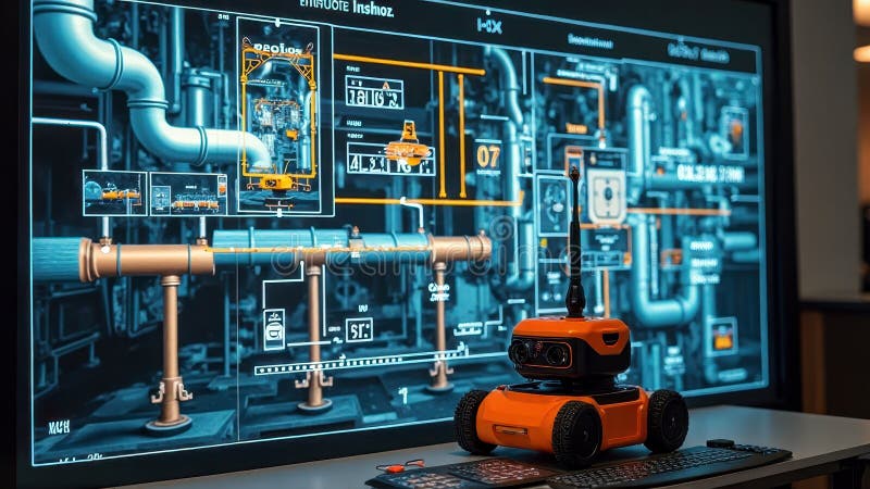 Futuristic robotics and control interface in industrial environment stock photos