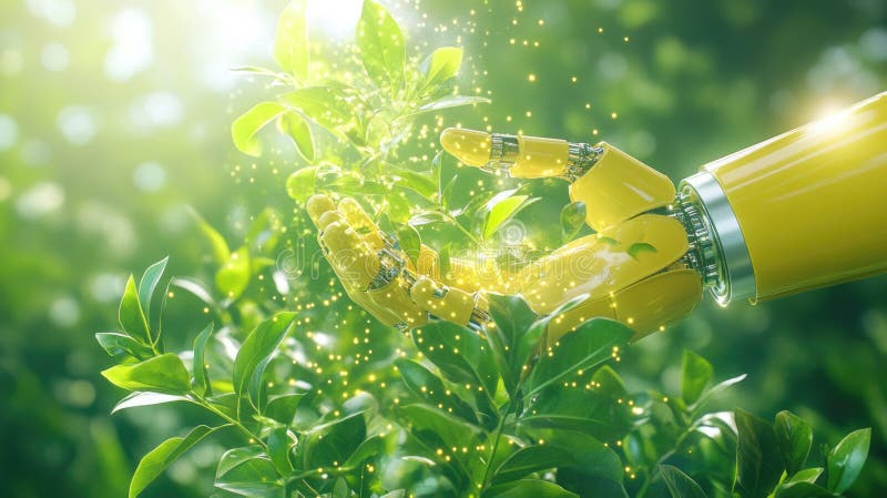 Futuristic robotics embracing nature: ai integration with green technology royalty free stock photography