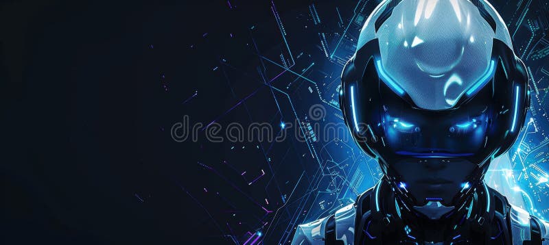 Futuristic Robotics Expo Banner Design Featuring Humanoid Robot with Digital Patterns royalty free stock photography