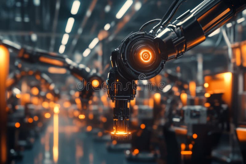 A futuristic robotics factory 3D background room with massive assembly lines, glowing energy cores stock photography