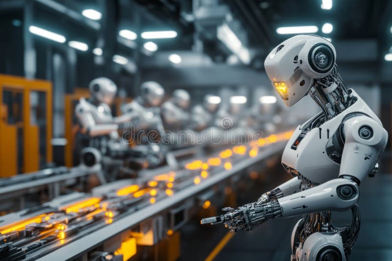 A futuristic robotics factory 3D background room with massive assembly lines, glowing energy cores stock photography