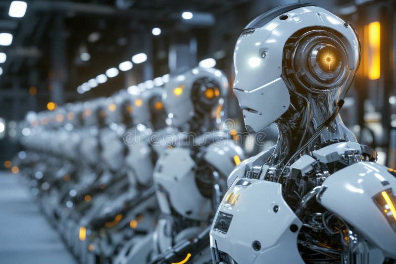A futuristic robotics factory 3D background room with massive assembly lines, glowing energy cores royalty free stock photos