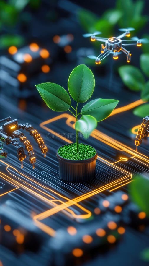 Futuristic robotics and green technology: integration of ai and nature royalty free stock photo