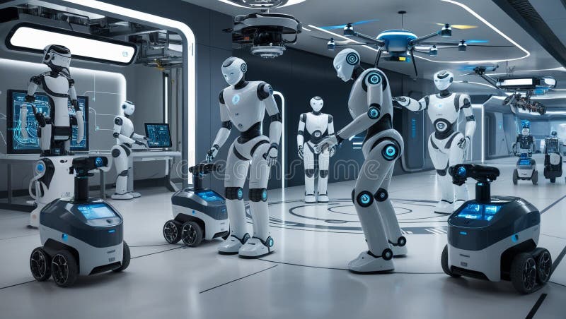 Futuristic Robotics in High-Tech Cityscape royalty free stock photos