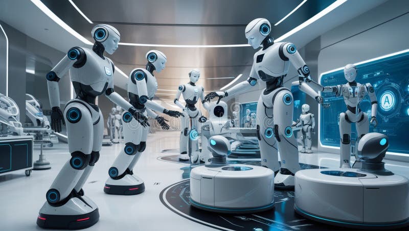 Futuristic Robotics in High-Tech Cityscape royalty free stock photo