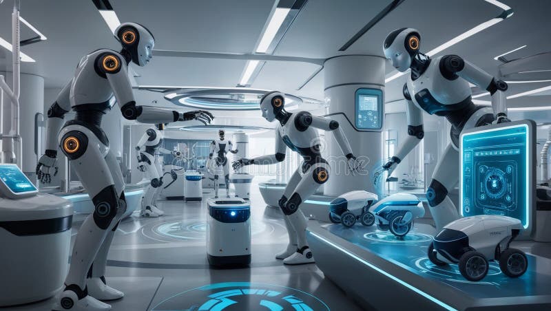 Futuristic Robotics in High-Tech Cityscape stock images