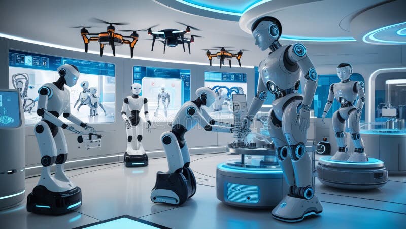 Futuristic Robotics in High-Tech Cityscape. A futuristic scene showcasing advanced robot technology in a sleek, modern cityscape. The image features various types of robots, including humanoid robots, industrial robots, and autonomous drones, performing tasks and interacting with each other. The high-tech environment includes robotic assembly lines, AI control centers, and automated transport systems. The robots are designed with sophisticated features, glowing interfaces, and intricate mechanical parts, highlighting their advanced capabilities and cutting-edge technology