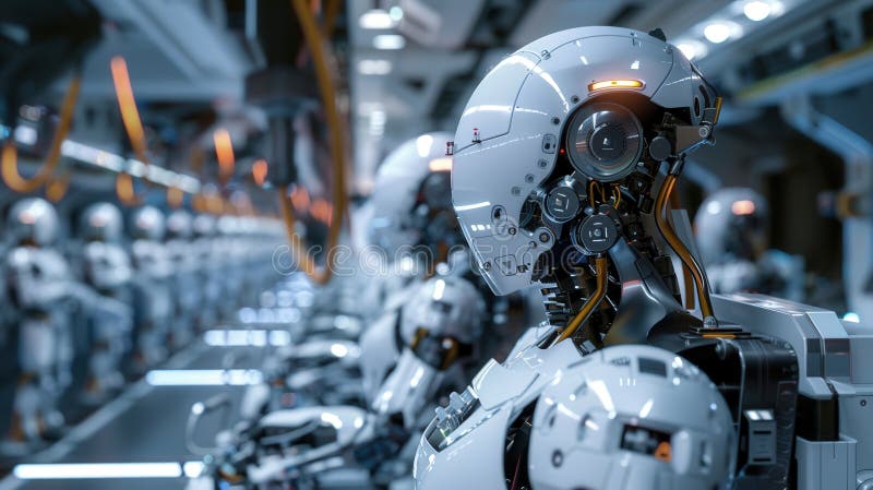 Futuristic robotics in high-tech factory assembly line royalty free stock images