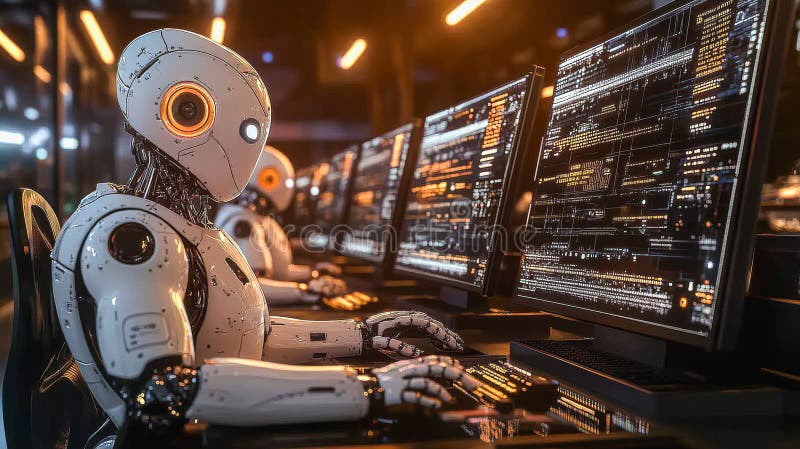 Futuristic robotics in a high-tech office setting for innovative business solutions royalty free stock photos