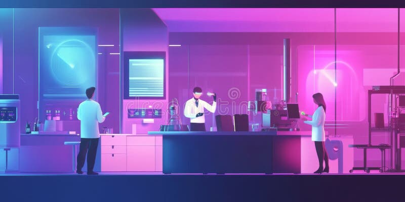 A futuristic robotics lab with advanced AI machines, glowing holograms, and engineers working on stock photo