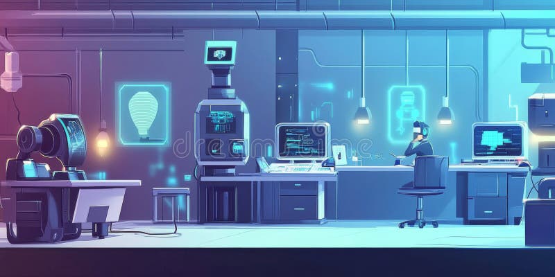 A futuristic robotics lab with advanced AI machines, glowing holograms, and engineers working on stock photos