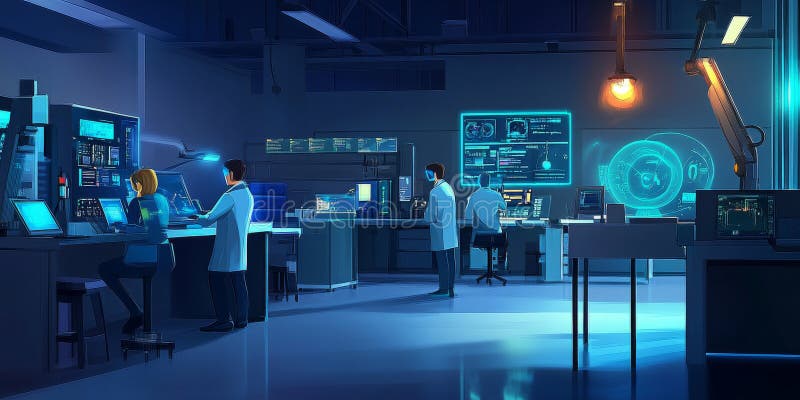 A futuristic robotics lab with advanced AI machines, glowing holograms, and engineers working on stock image