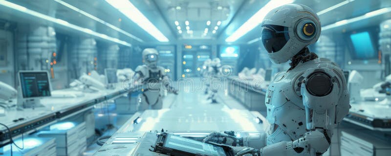 Futuristic robotics lab with advanced humanoid robot overseeing operations stock photos