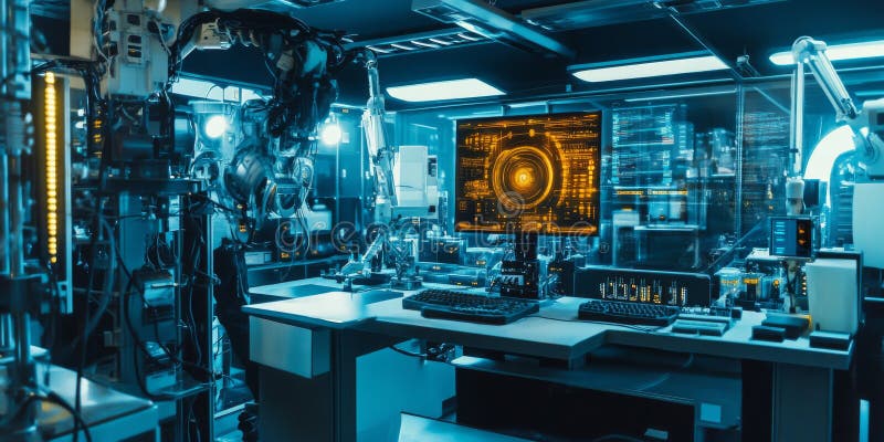 A futuristic robotics lab with advanced machines, glowing interfaces, and scientists observing stock images