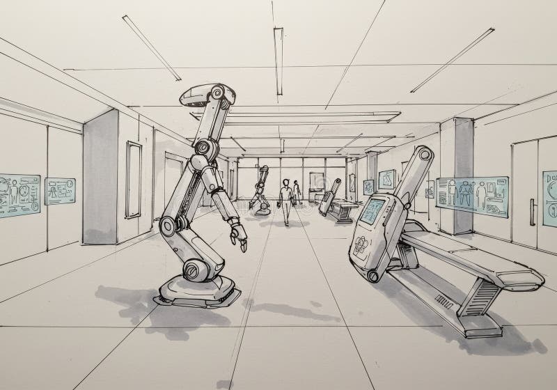 Futuristic robotics lab with advanced machines and innovative automation technologies royalty free stock images
