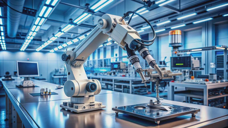 Futuristic Robotics Lab Advanced Robotic Arm and Microelectronics Components Pokazują technologię CuttingEdge ilustracja wektor