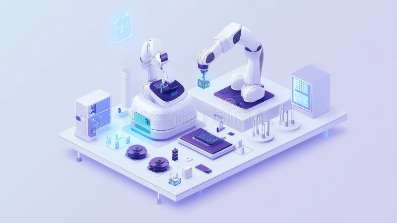 Futuristic robotics lab with automated robotic arms and digital interfaces stock image