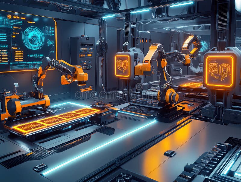 A futuristic robotics lab showcases active, orange and black robotic arms amidst a high-tech environment with neon stock images