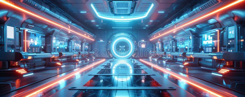 Futuristic robotics lab with sleek design and vibrant lighting - high-tech and innovation concept stock images