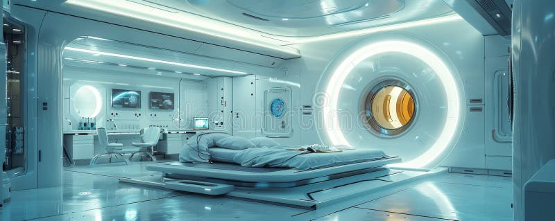 Futuristic robotics lab with sleek interior design and advanced medical equipment royalty free stock image