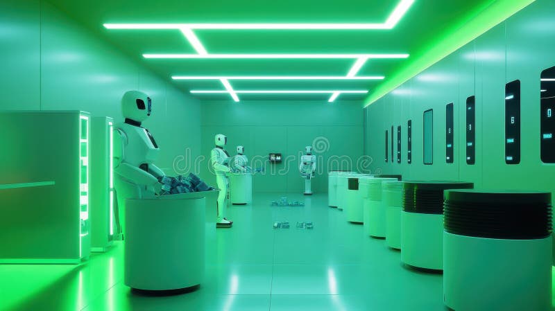 Futuristic robotics laboratory with advanced humanoid robots in neon green setting. Sustainability assessment stock photos