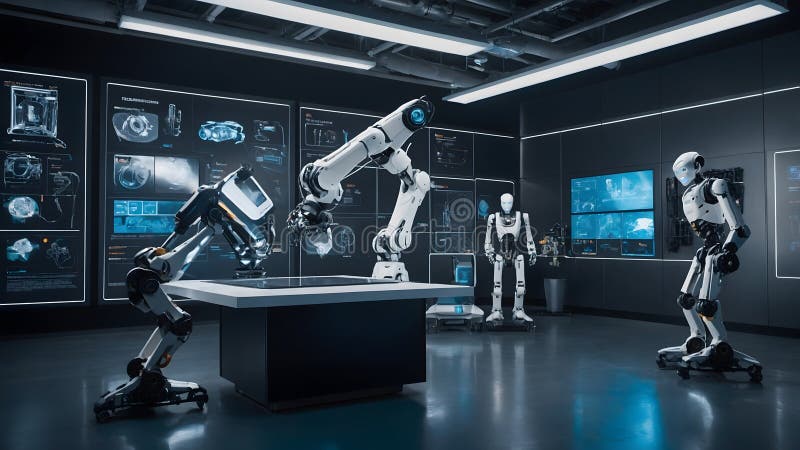 Futuristic Robotics Laboratory Featuring AI-Integrated Humanoid Robot for Advanced Research royalty free stock photos