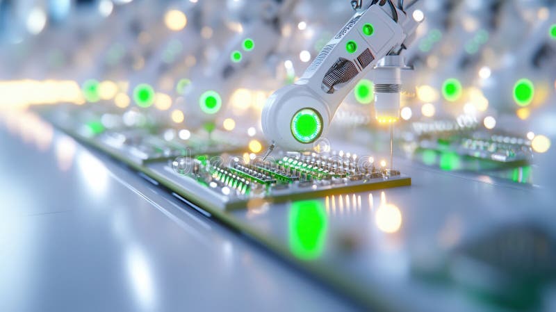 Futuristic robotics manufacturing, advanced mechanical arm assembling circuit boards with precision and innovative stock image