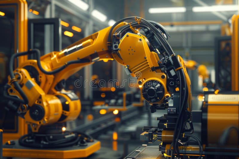 A futuristic robotics project poster featuring a powerful industrial robot with a rugged yellow and black finish stock photography