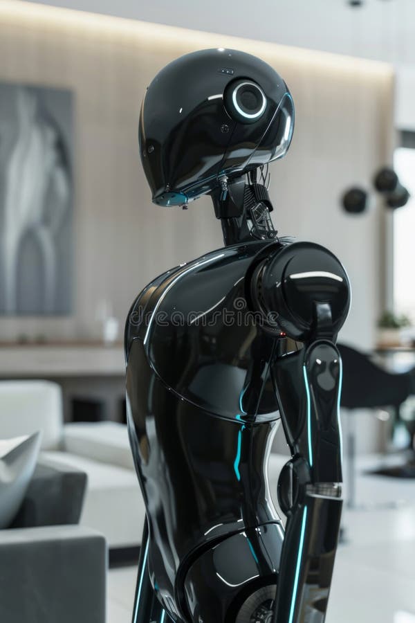 A futuristic robotics project poster featuring a sleek robotic assistant with an elegant black and silver finish stock image