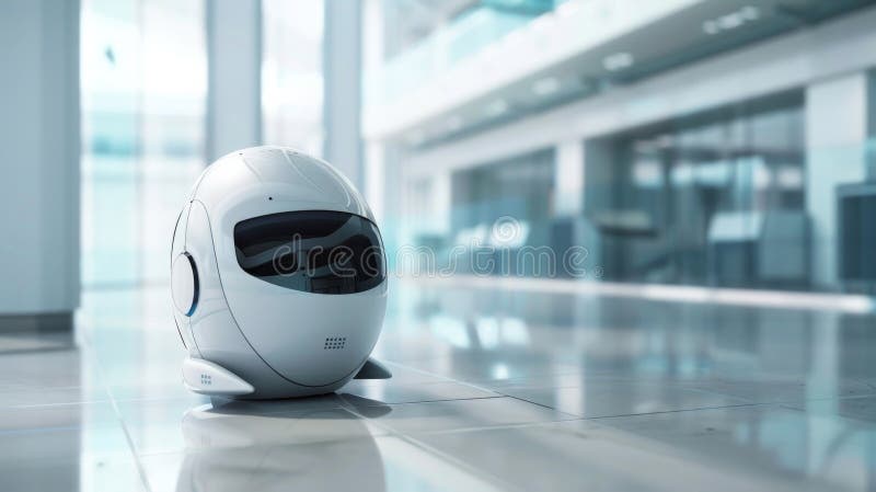 A futuristic robotics project poster showcasing a compact service robot with smooth curves and a white and silver finish royalty free stock photo