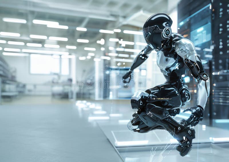 A futuristic robotics project poster showcasing a sleek, humanoid robot in a high-tech lab stock photos