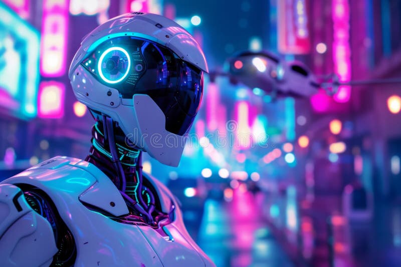A futuristic robotics project poster showcasing a sleek humanoid robot with a metallic and white finish royalty free stock image