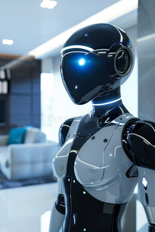 A futuristic robotics project poster showcasing a sleek robotic assistant with a black and white finish stock image