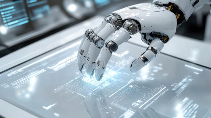 Futuristic robotics technology with advanced ai in digital interface exploration. Robotics Process Automation royalty free stock photo