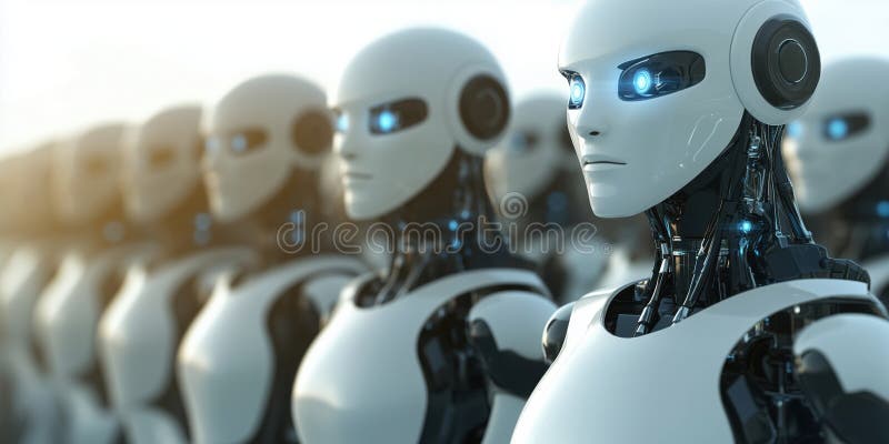 Futuristic robots in formation at a technology exhibition showcasing advanced artificial intelligence and robotics innovations royalty free illustration