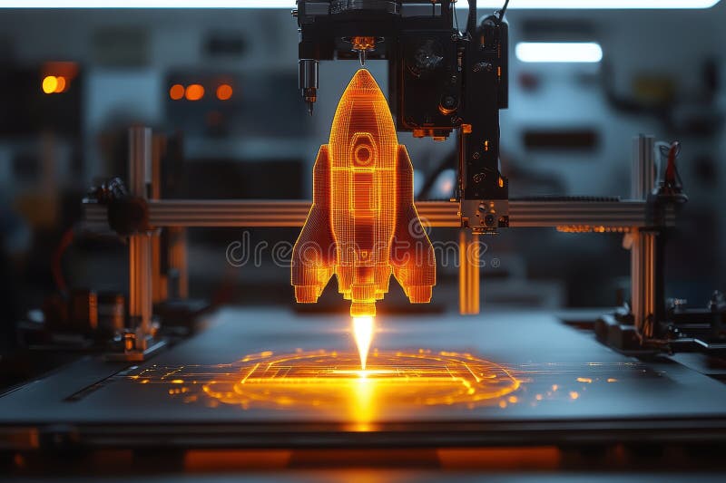 Futuristic rocket being printed by advanced 3D printer in a high-tech environment stock image