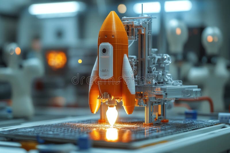 Futuristic rocket being printed by a 3D printer in high detail stock photo