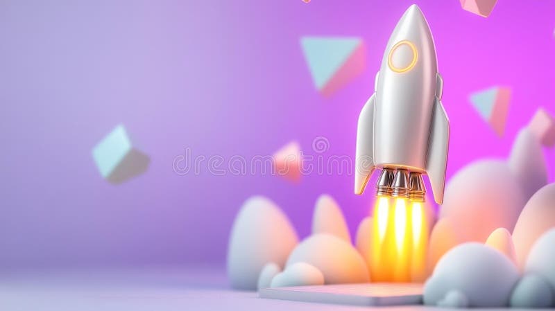 Futuristic Rocket Launching into a Neon-Infused Abstract Background stock illustration