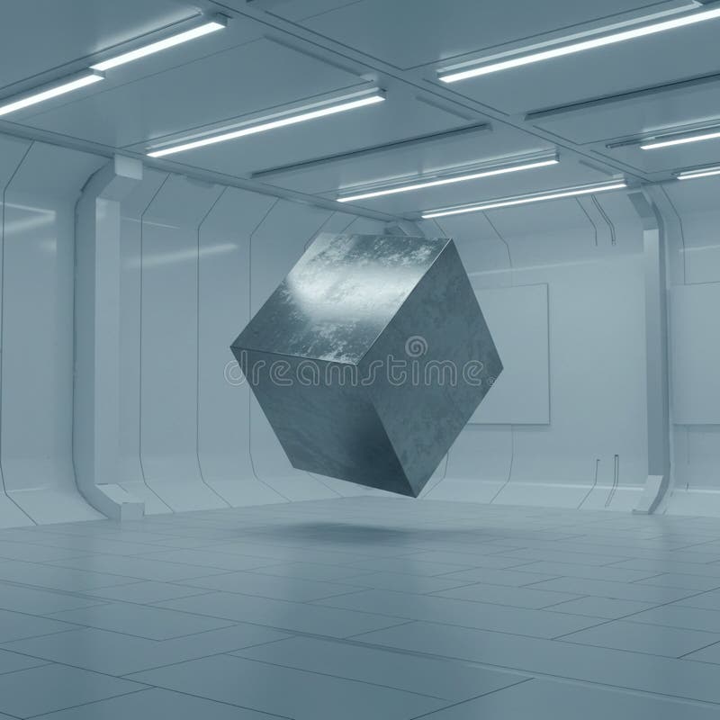Futuristic room with an octagonal shape features a floating metallic cube in the vector illustration