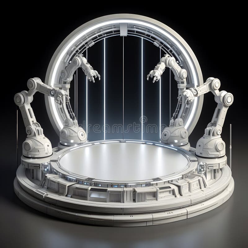 Futuristic round podium with industrial robot arms in front of stage lights, display or showcase mockup for product presentation vector illustration