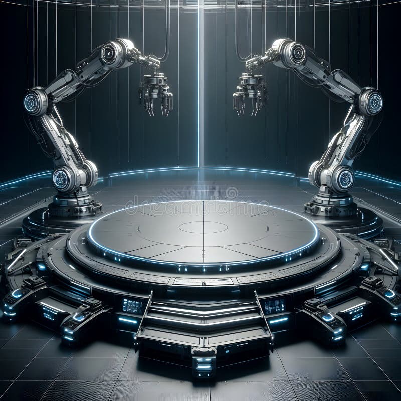 Futuristic round podium with industrial robot arms in front of stage lights, display or showcase mockup for product presentation stock illustration