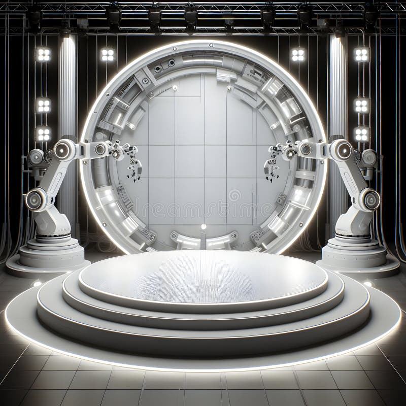 Futuristic round podium with industrial robot arms in front of stage lights, display or showcase mockup for product presentation stock illustration