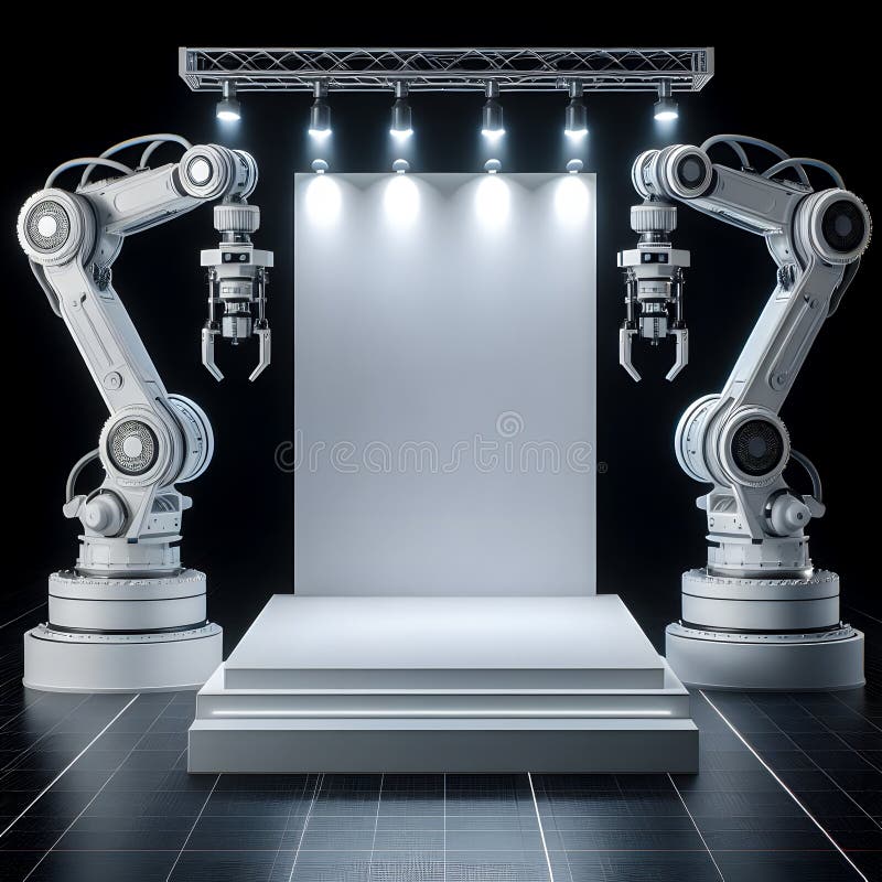 Futuristic round podium with industrial robot arms in front of stage lights, display or showcase mockup for product presentation vector illustration