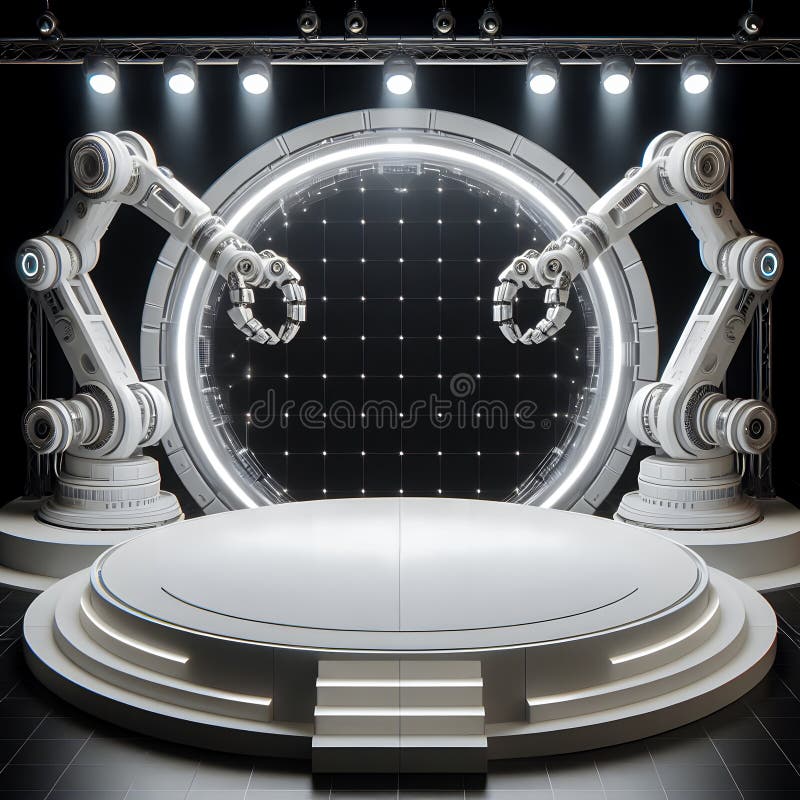 Futuristic round podium with industrial robot arms in front of stage lights, display or showcase mockup for product presentation vector illustration