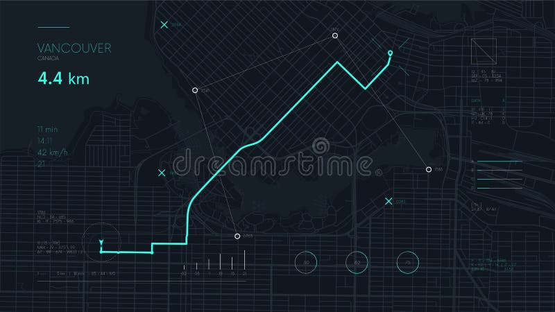 Futuristic route dashboard GPS tracking map, navigate mapping technology and locate position pin on the streets of the city stock illustration