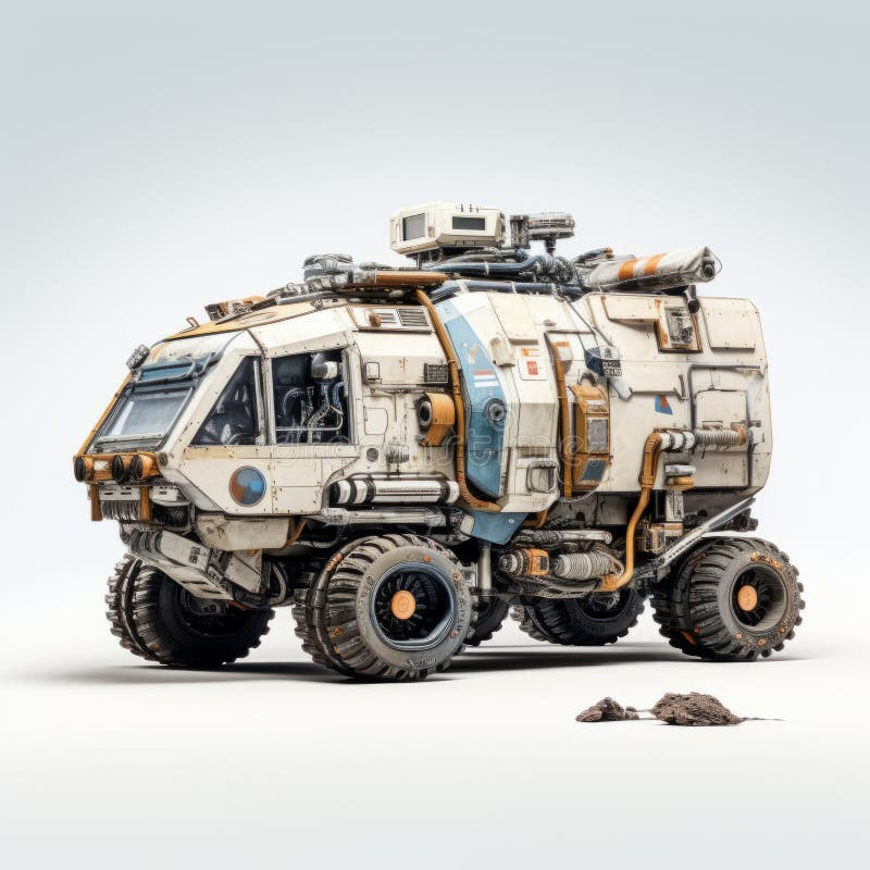 Model RV futurist cu roți murdare Paris Dakar inspirat. O vedere laterală a unui model realist cu roți murdare care prezintă o fuziune a stilului de dieter și un estetic distopic futurist care amintește de Paris Dakar și Mad Max. designul se inspiră din roverurile de pe Marte de la NASA, cu proporții ciudate și un fond alb. generate de