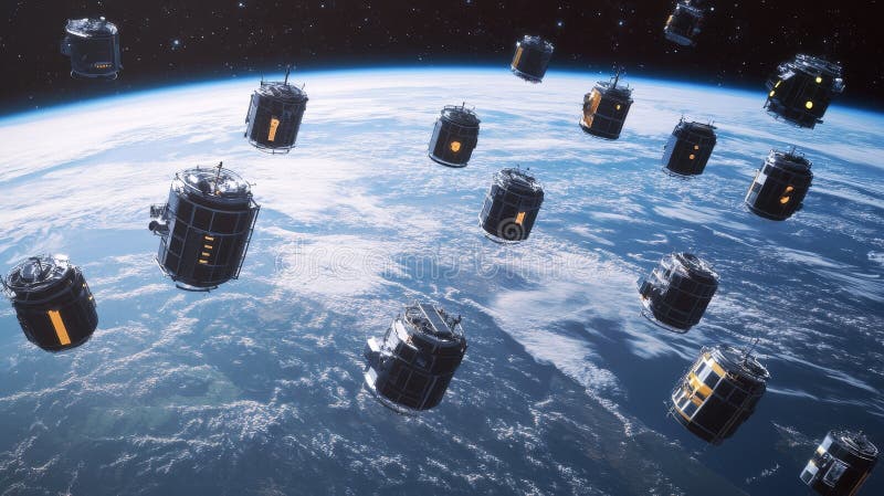 Futuristic Satellite Cluster Orbiting Earth Futuristic satellites space technology global network orbital constellation royalty free illustration