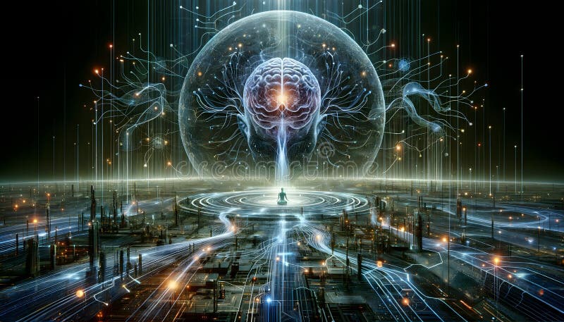A futuristic scene combining elements of advanced technology and human consciousness. stock photo