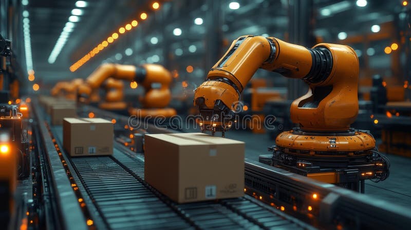 Robotic Arm Sorting Packages on a Conveyor Belt Generative AI vector illustration